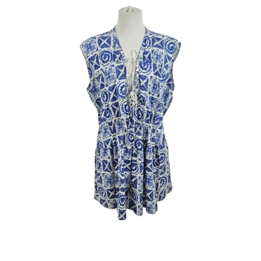 H&M Mini‎ Dress Womens Large Blue White Tile Print Cotton Tie Front Boho Summer